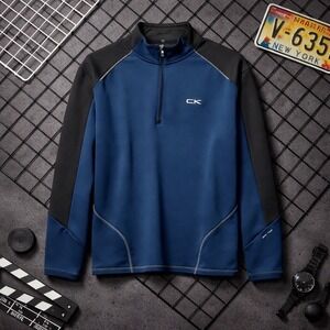 Calvin Klein Mens Quarter Zip Pullover Blue Black Colorblock CK Performance L